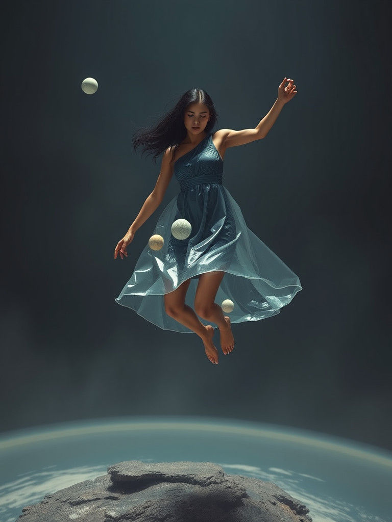 Surreal Figure Leaping from Earth in Space Dress
