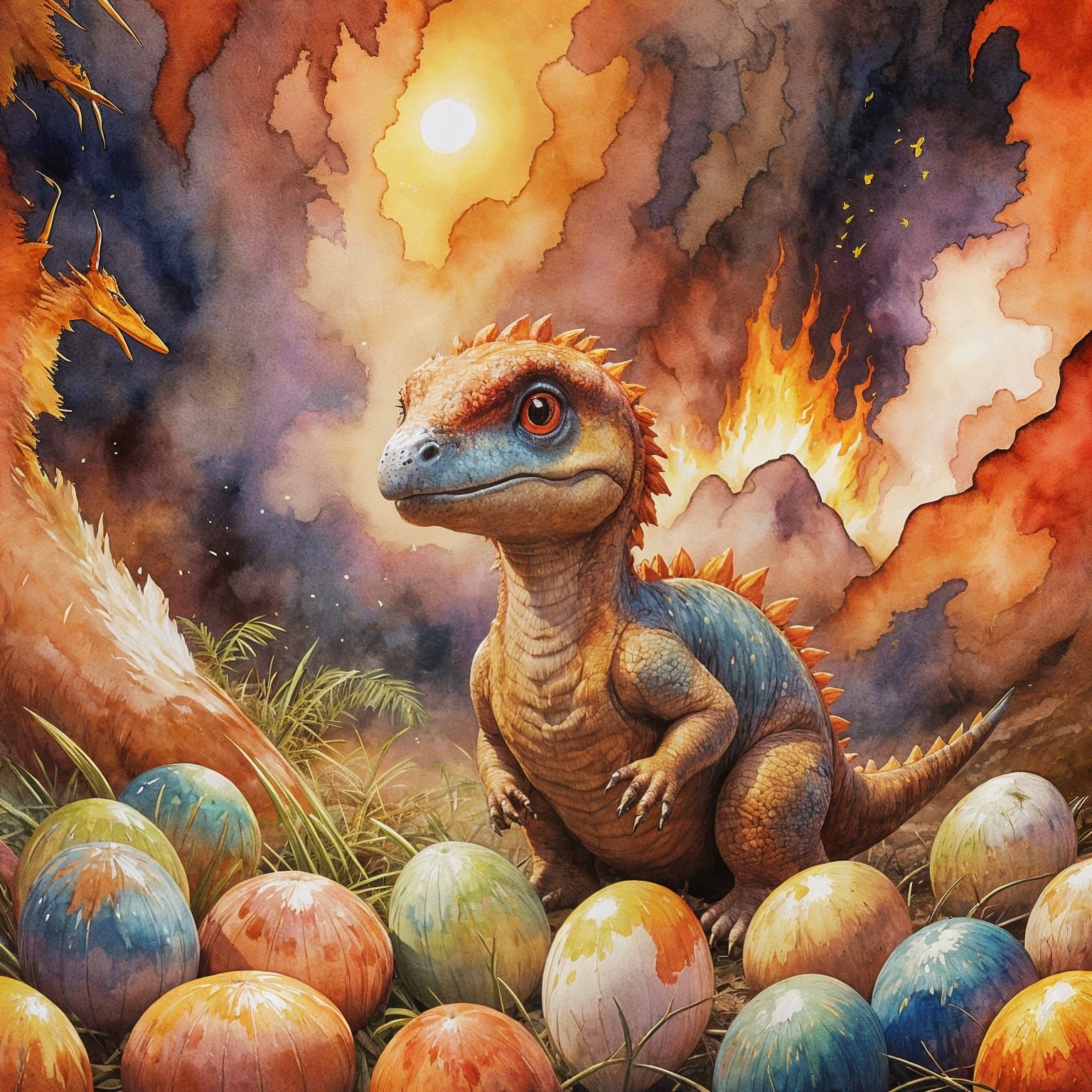 Dinosaur Hatchling Exits Egg in Awe, in Watercolor Style