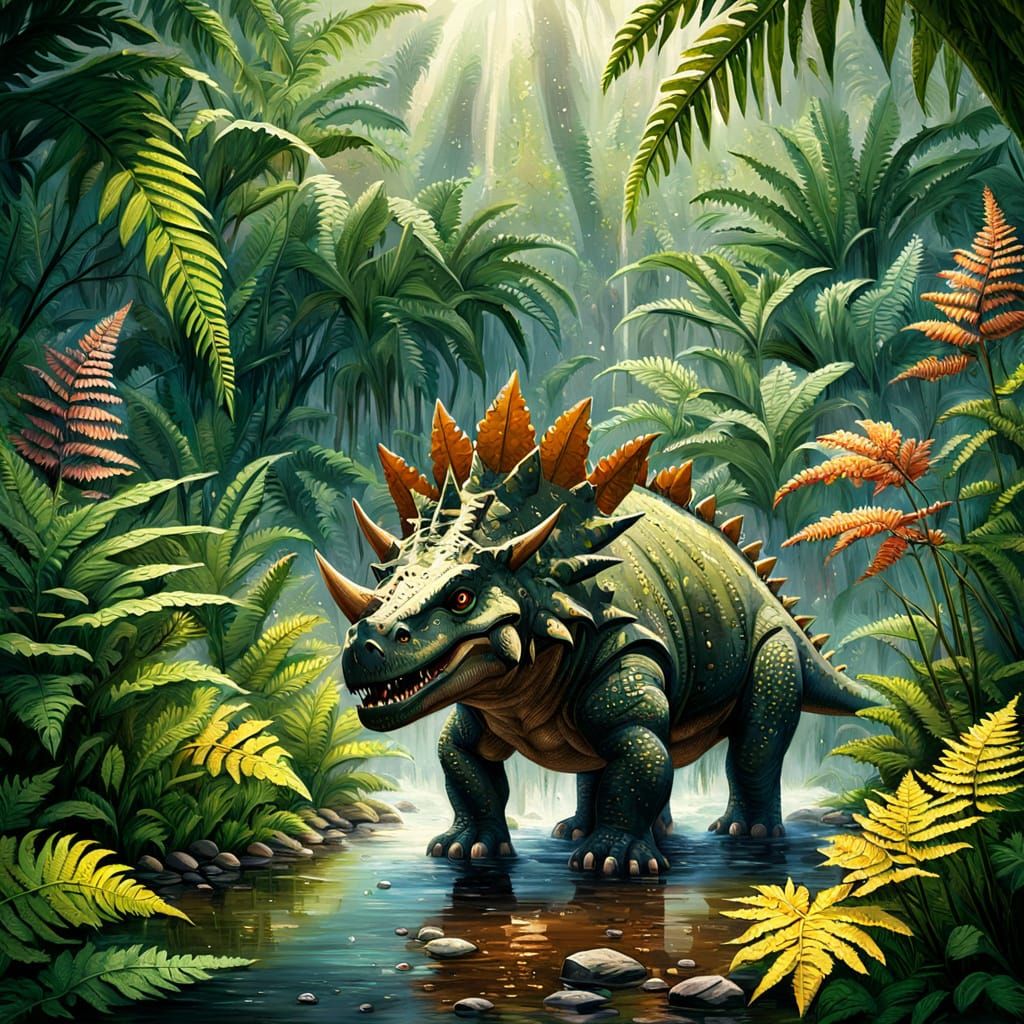 Stegosaurus in Jurassic Rainforest: Oil Painting Style