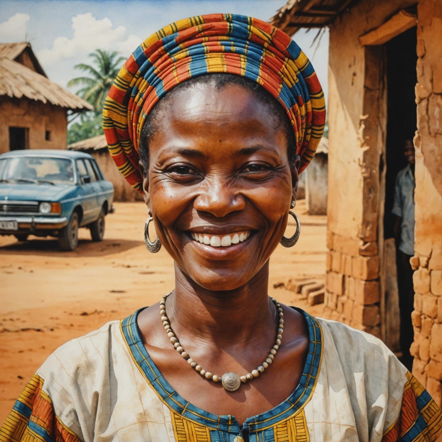 Smiling Woman Portrait in Benin, Watercolor Style