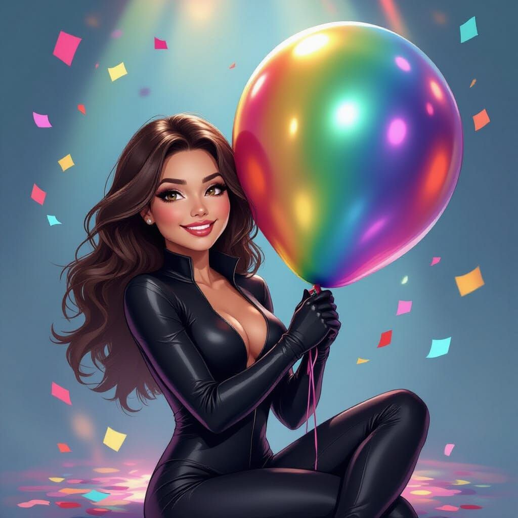 Black Widow Cuddling a Rainbow Balloon
