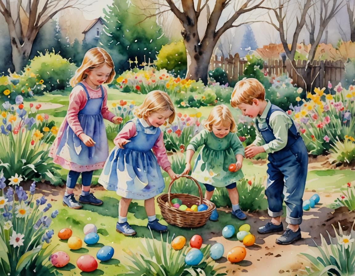 Joyful Easter Egg Hunt in Watercolor