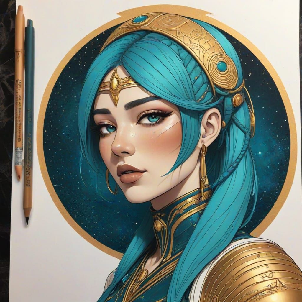 Celestialpunk Female Drawing with Bold Lines & Gold Accents