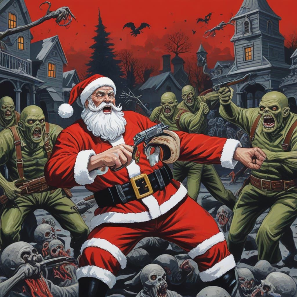Santa Claus Battling Zombies in Gouache Painting