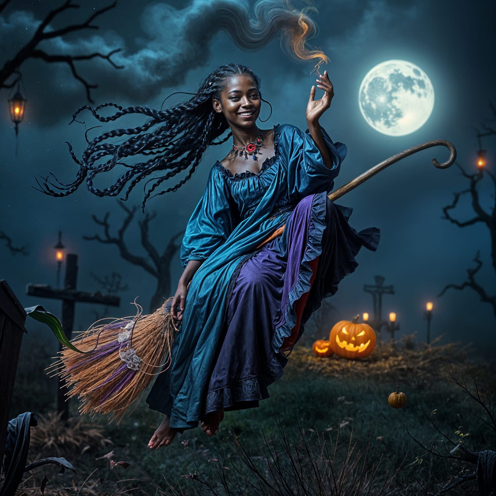 Ebony Witch on Silver Broomstick in Halloween Night