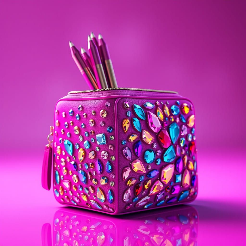 Vibrant Hot Pink Sparkling Pencil Case with Rhinestone Mosai...