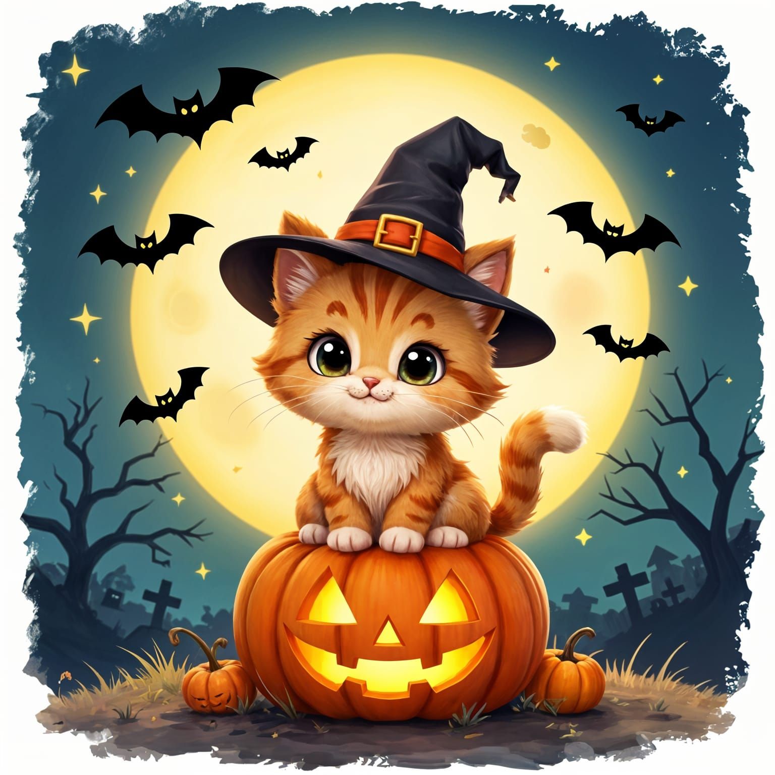 Cute Halloween Kitty Under Full Moon