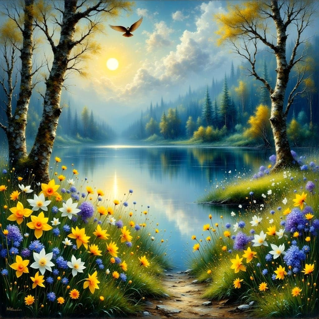 Spring Florals Dance in the Moonlit Lake Breeze