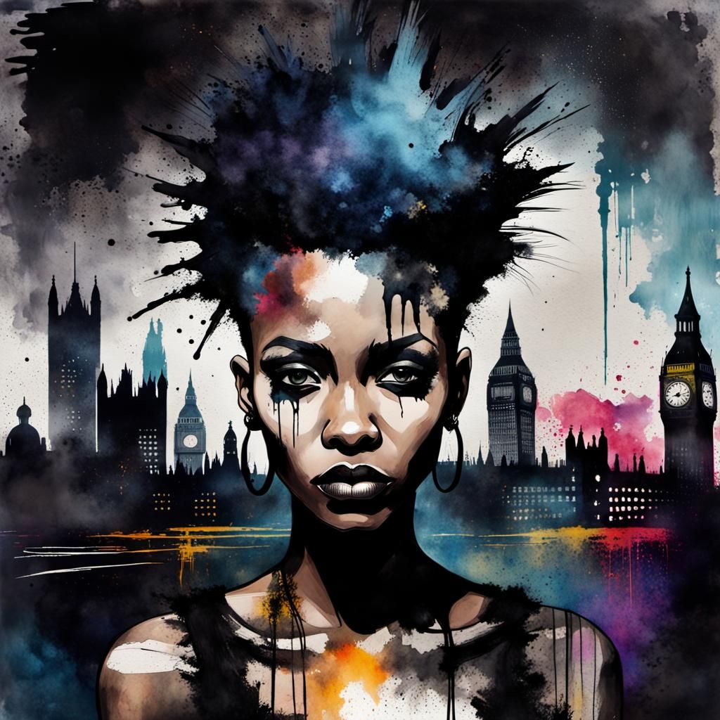 Gothic Woman in London: Mixed-Media Watercolor