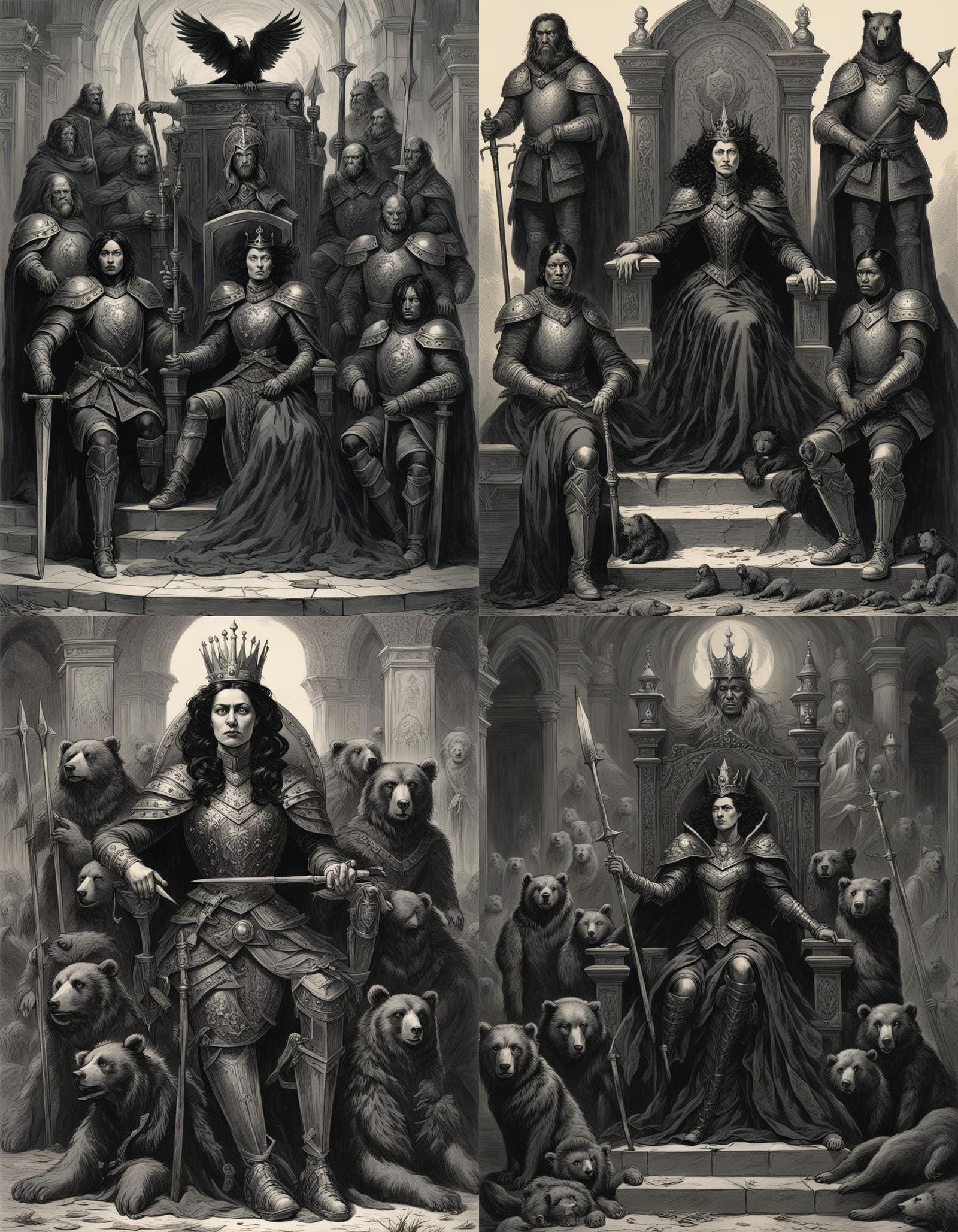 Gothic Evil Queen on Throne with Armored Warriors