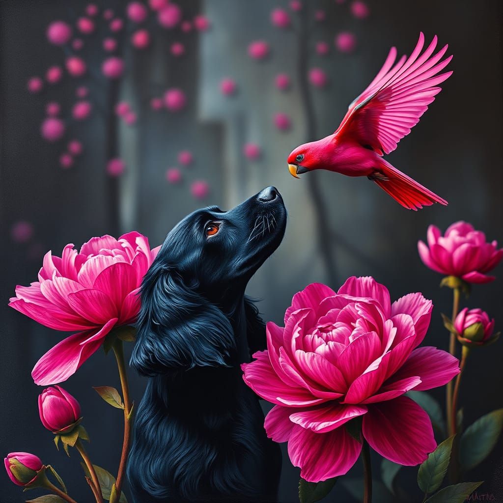 Magenta Peonies with Cocker Spaniel, Klimt-Inspired