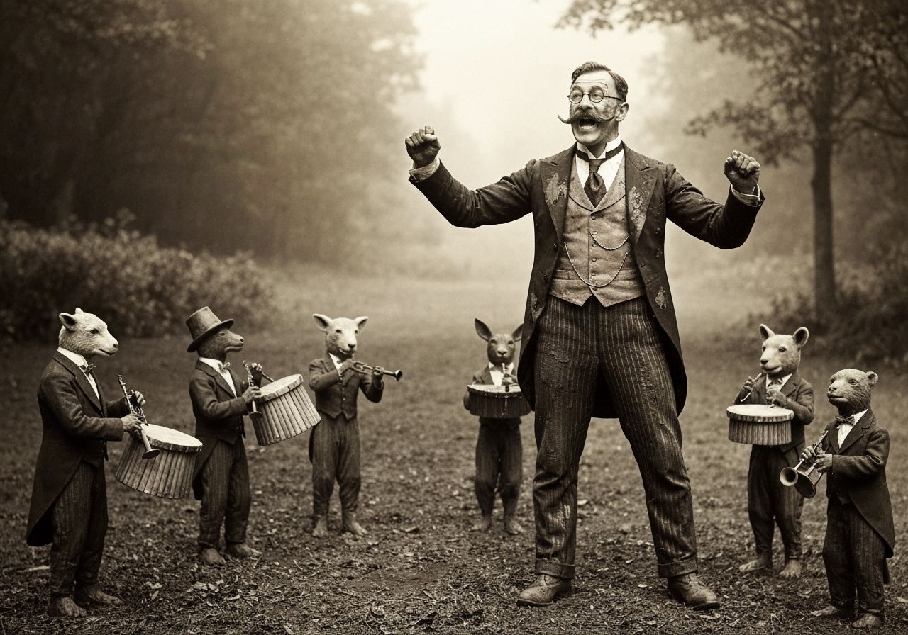 Edwardian Gentleman Conducts Jungle Orchestra: Sepia Photogr...