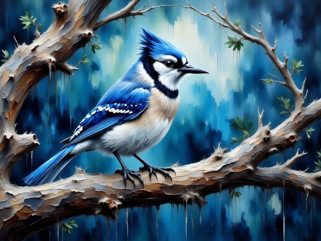 Vibrant Blue Jay in Impasto Oil Painting