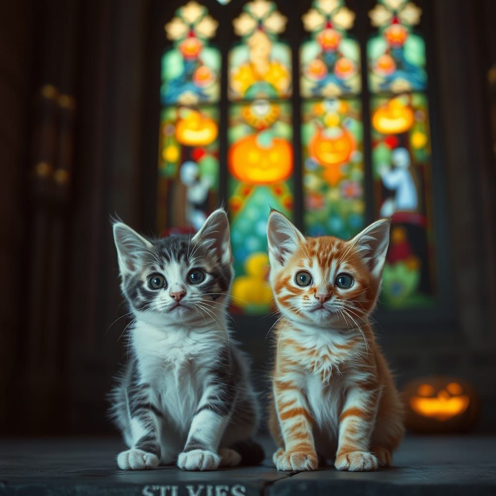 Kittens Gaze at Halloween Castle Window