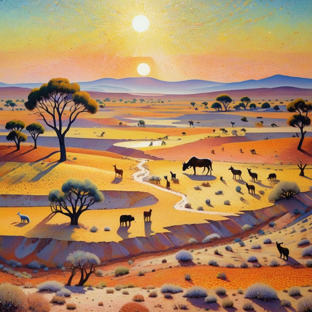 Pointillist Landscape: Animals in Barren Wasteland