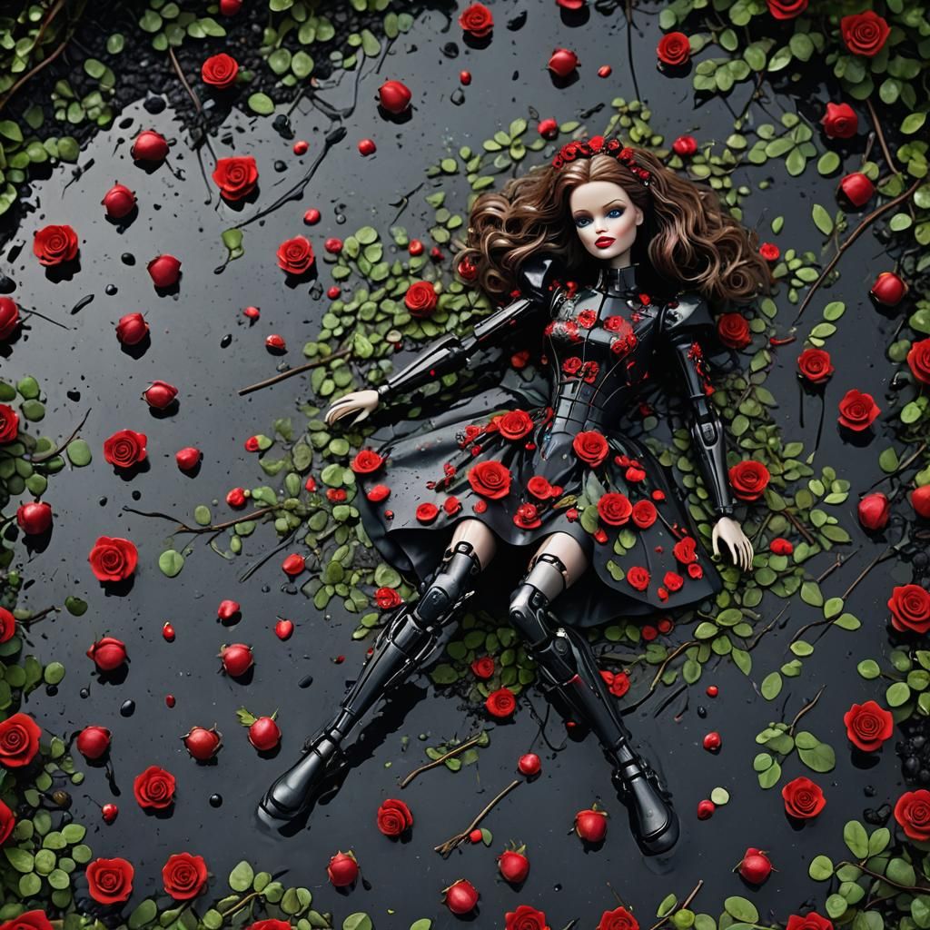 Damaged Robot Doll in Roses, Digital Matte Painting