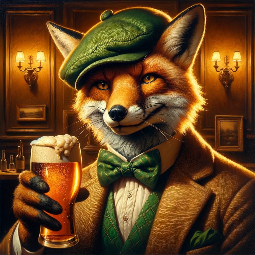 Sophisticated Fox with Beer, Oil Painting Style