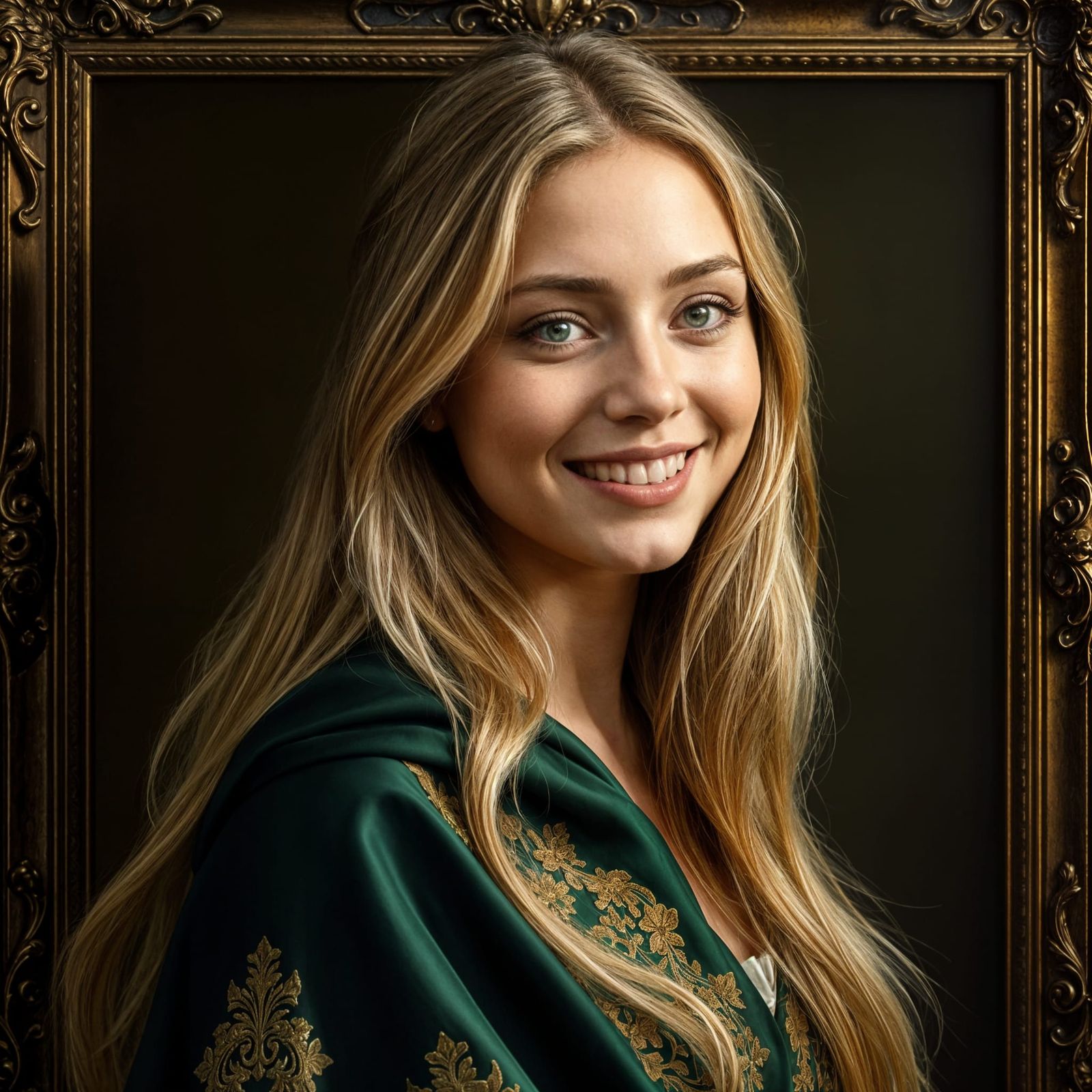 Portrait of a Vivacious Blonde Woman in Green Cloak
