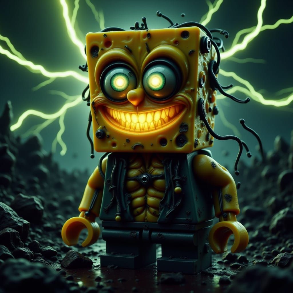 Terrifying Bioluminescent SpongeBob in Neon Wasteland