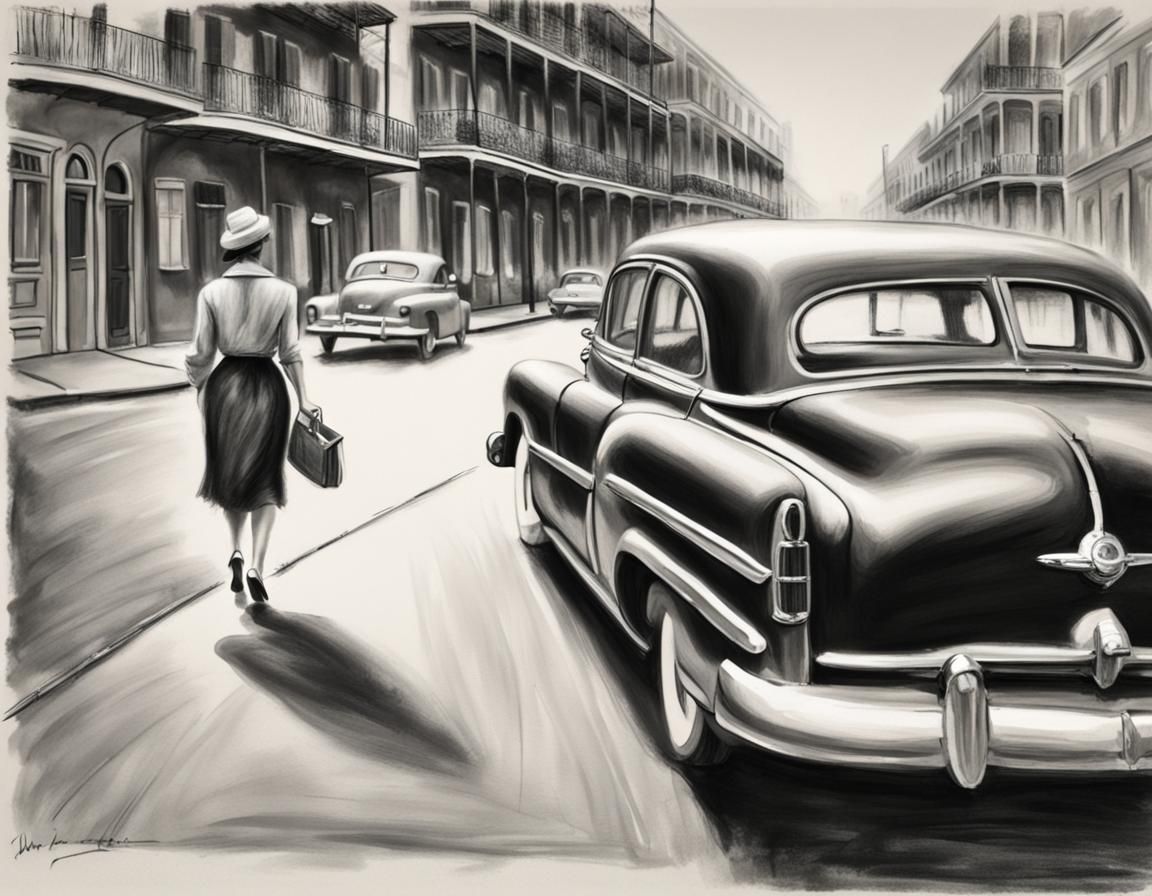 1950s New Orleans Woman: Charcoal Drawing