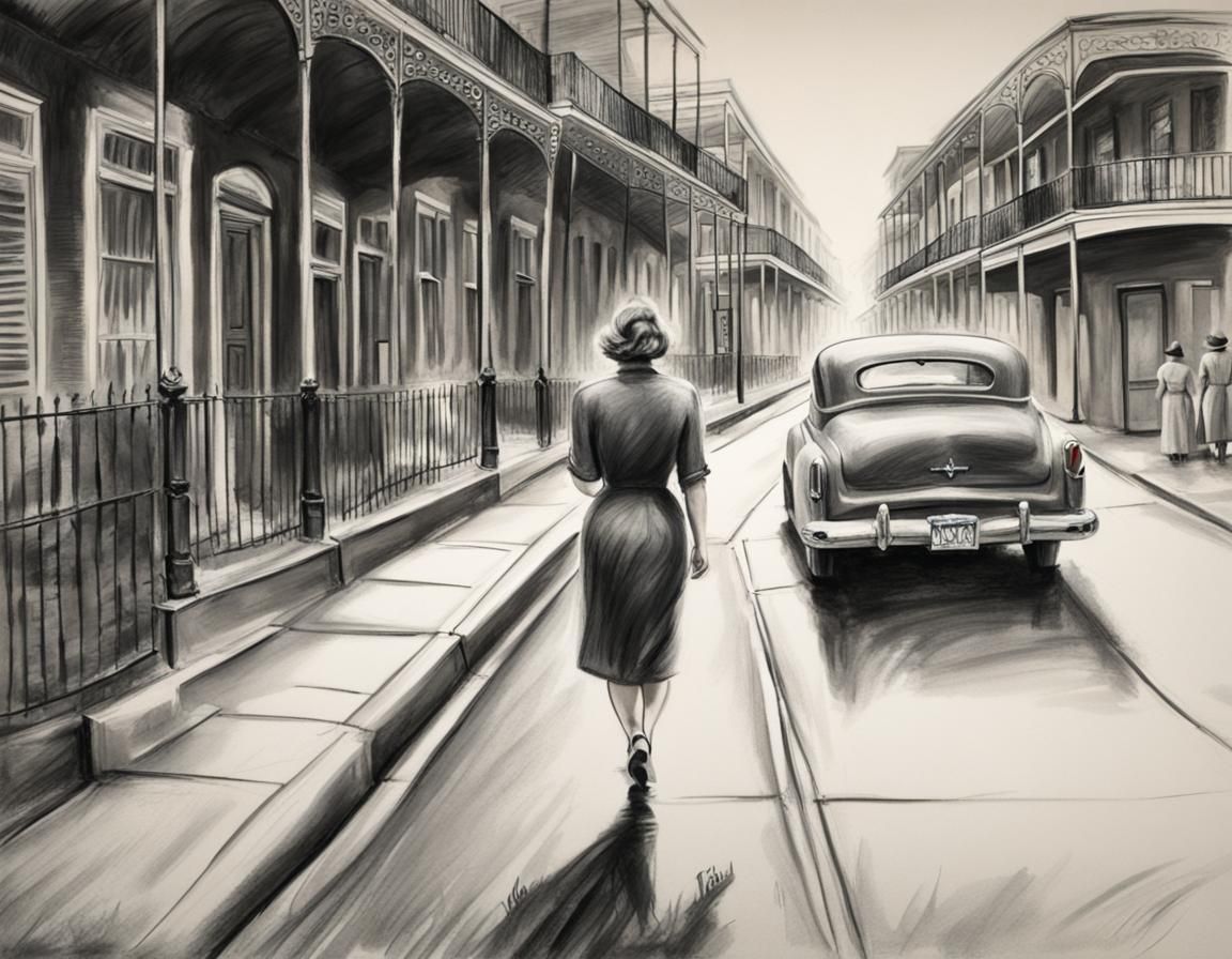 1950s Woman in New Orleans: Charcoal Drawing