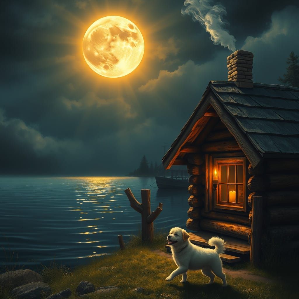 Golden Moonlit Lake Scene with Rustic Cabin