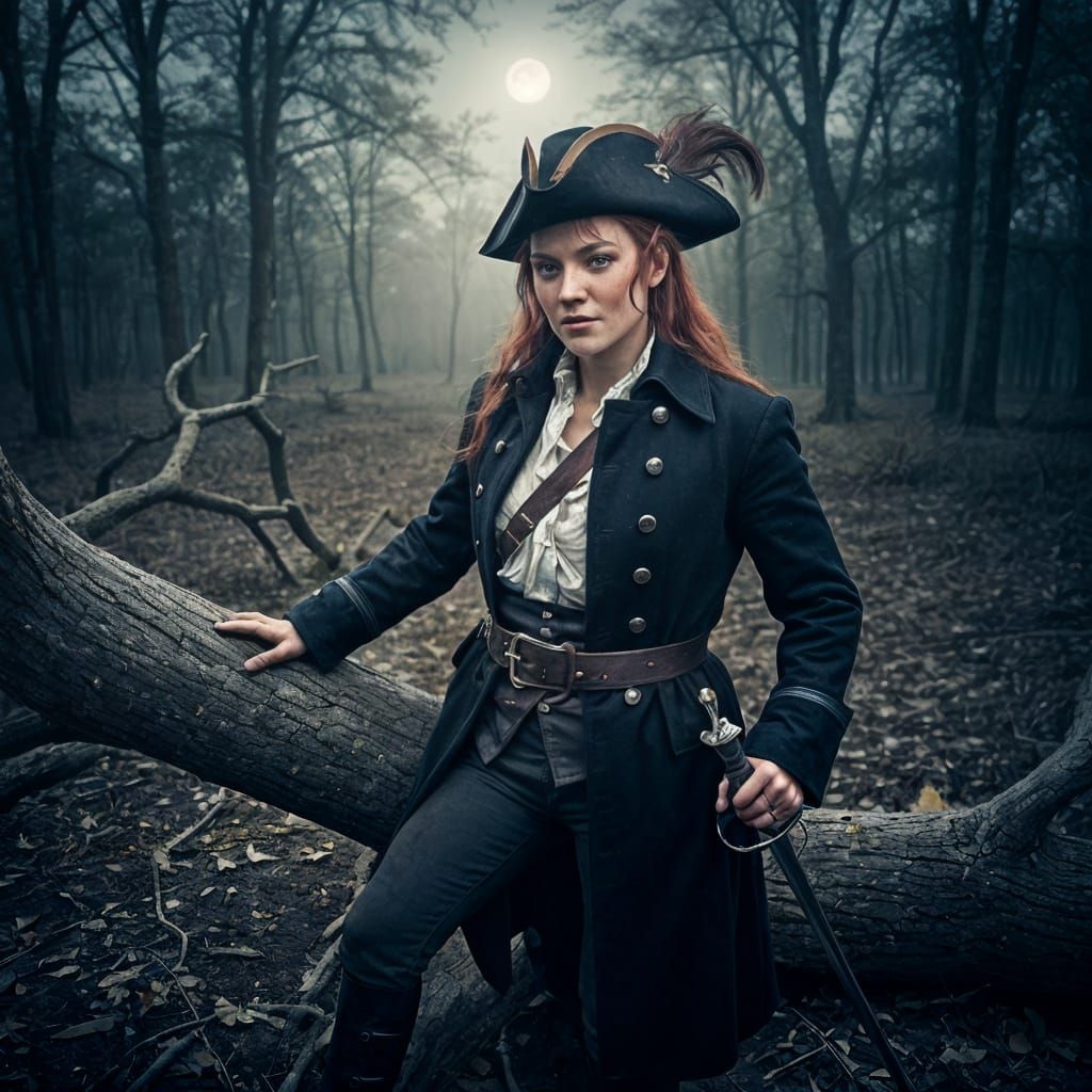 Highwaywoman in Misty Forest with Baroque Lighting