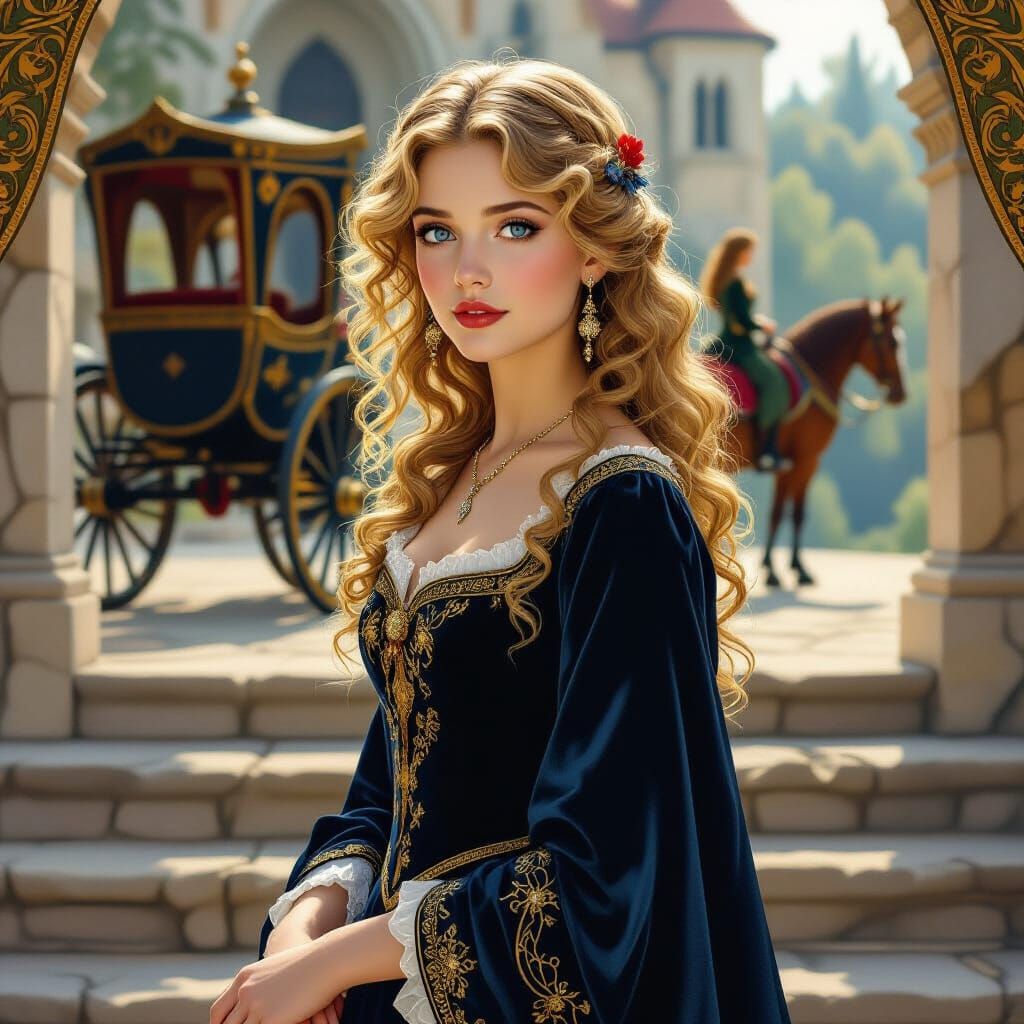 Medieval Woman Awaits Carriage in Art Nouveau Style