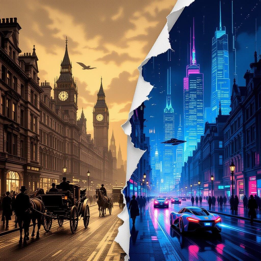 Victorian London Contrasted with Futuristic Cityscape