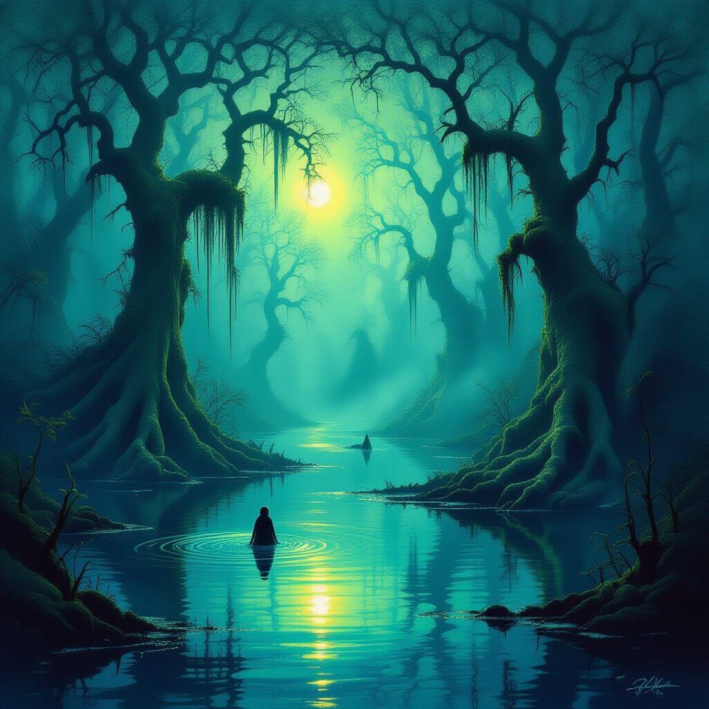 Surreal Swamp Landscape with Glowing Flora