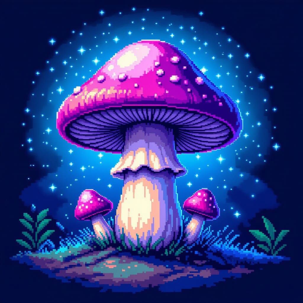 Pixel Art Violet Mushroom With Blue Glowing Spores