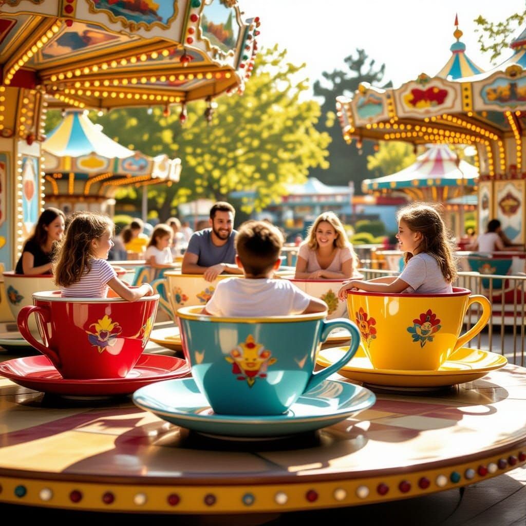 Joyful Teacup Ride at Vibrant Amusement Park