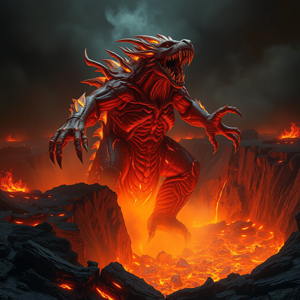 Fiery Beast Emerges from Molten Pit