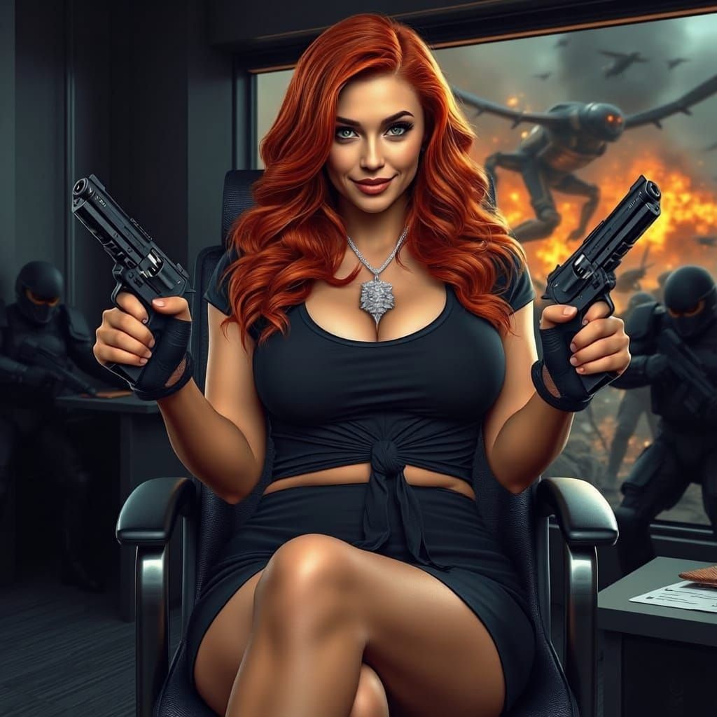 Battle-Ready General with Twin Revolvers in Office