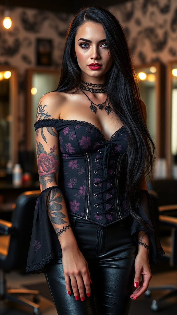 Edgy Woman with Floral Tattoos in Salon