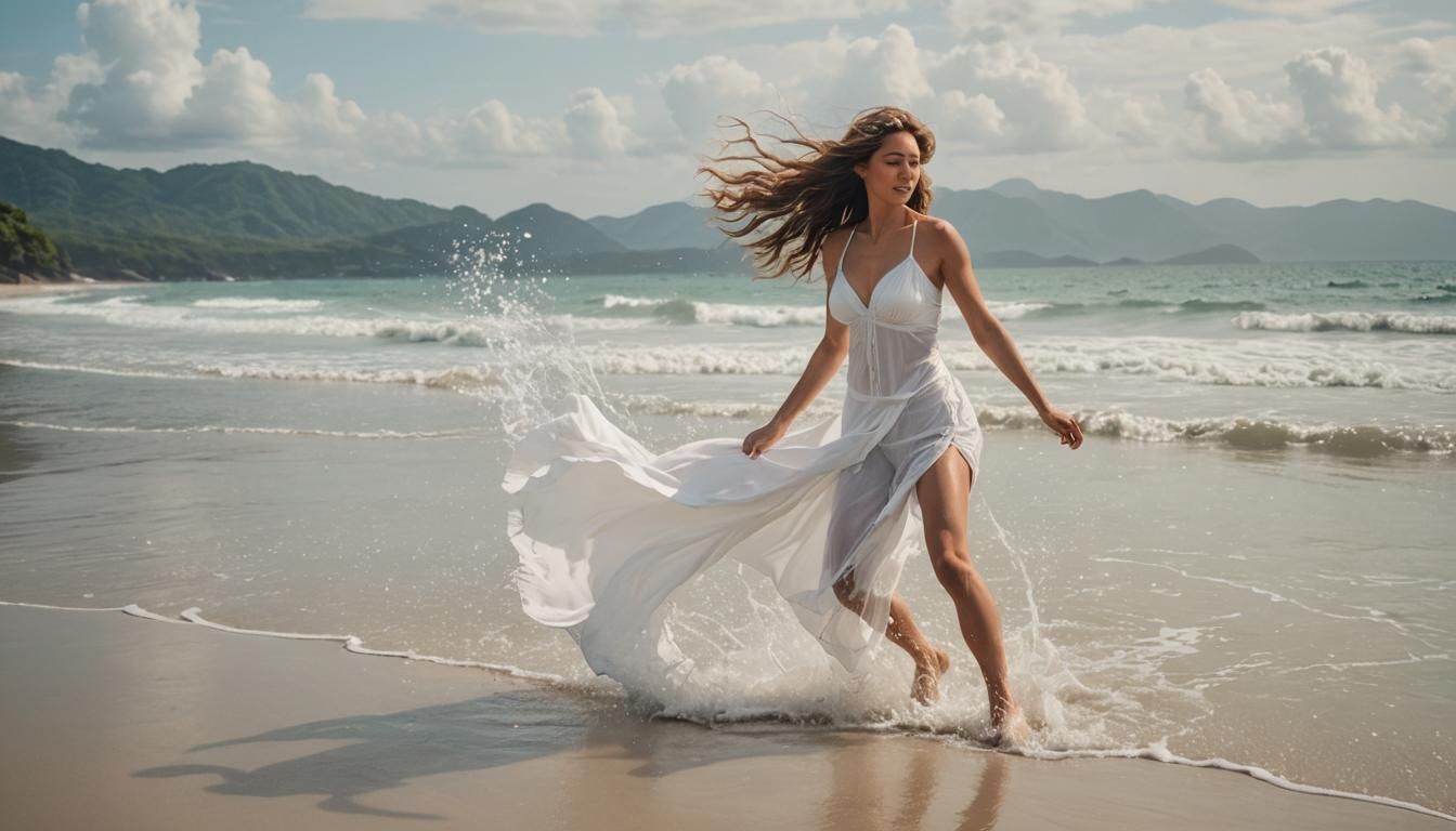 Woman Walking on Tropical Beach with White Bikini