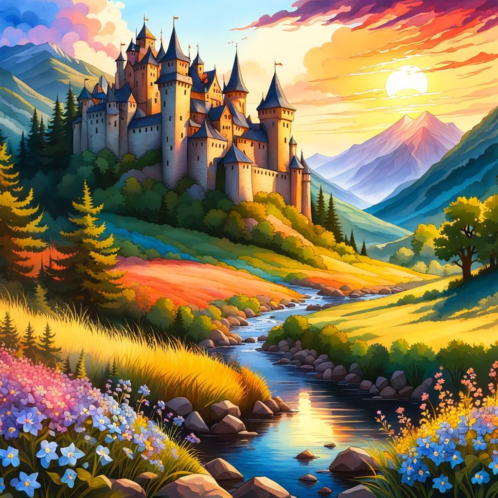 Medieval Castle in Forget-Me-Not Field: Watercolor Painting