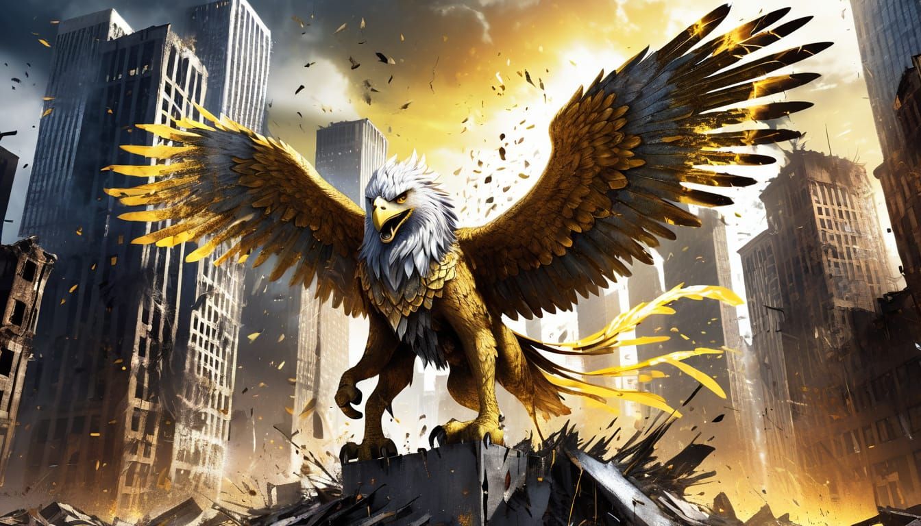 Majestic Griffin Lands on Ruined City in Splash Art Style