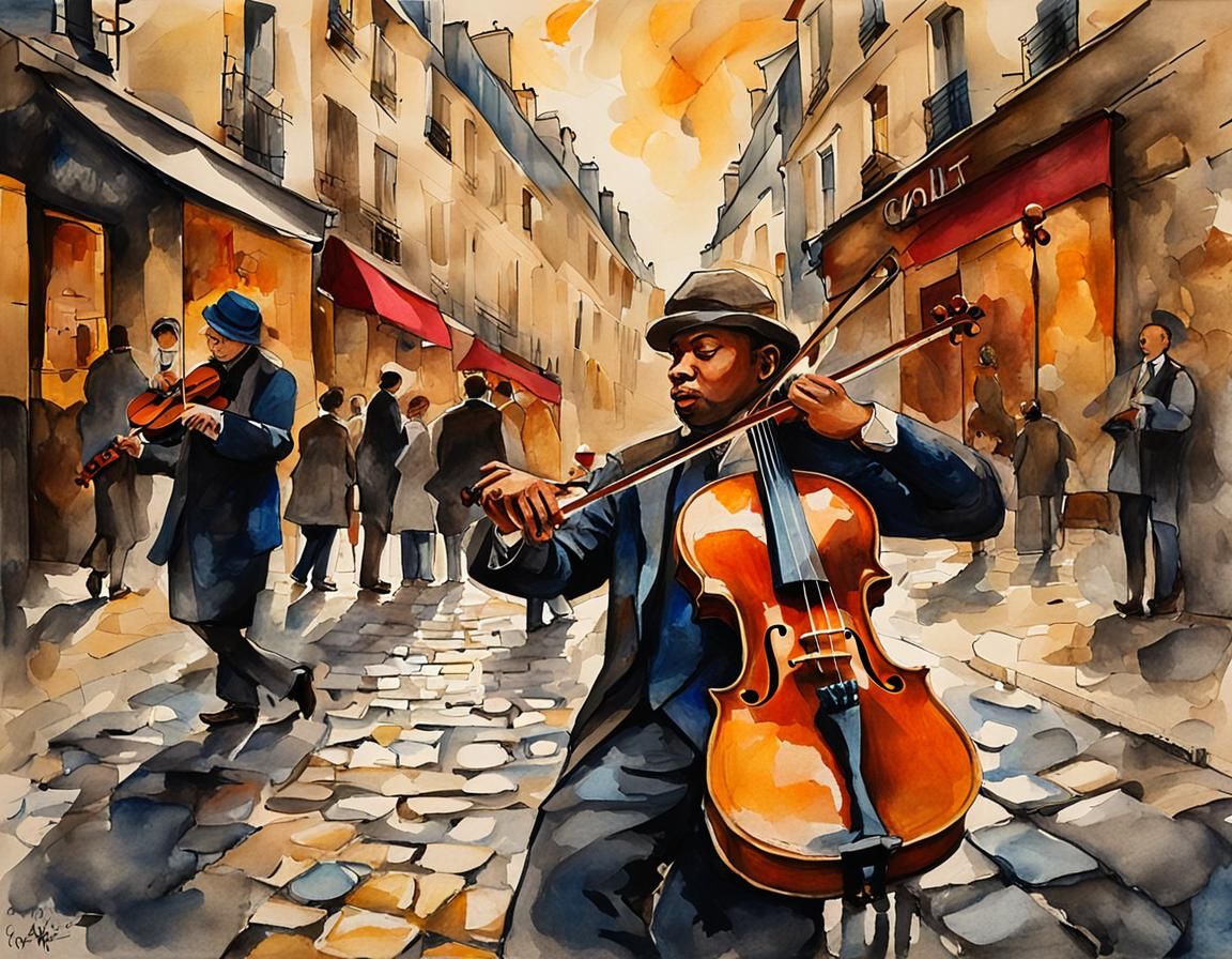 Parisian Street Musician in Mixed Media Style