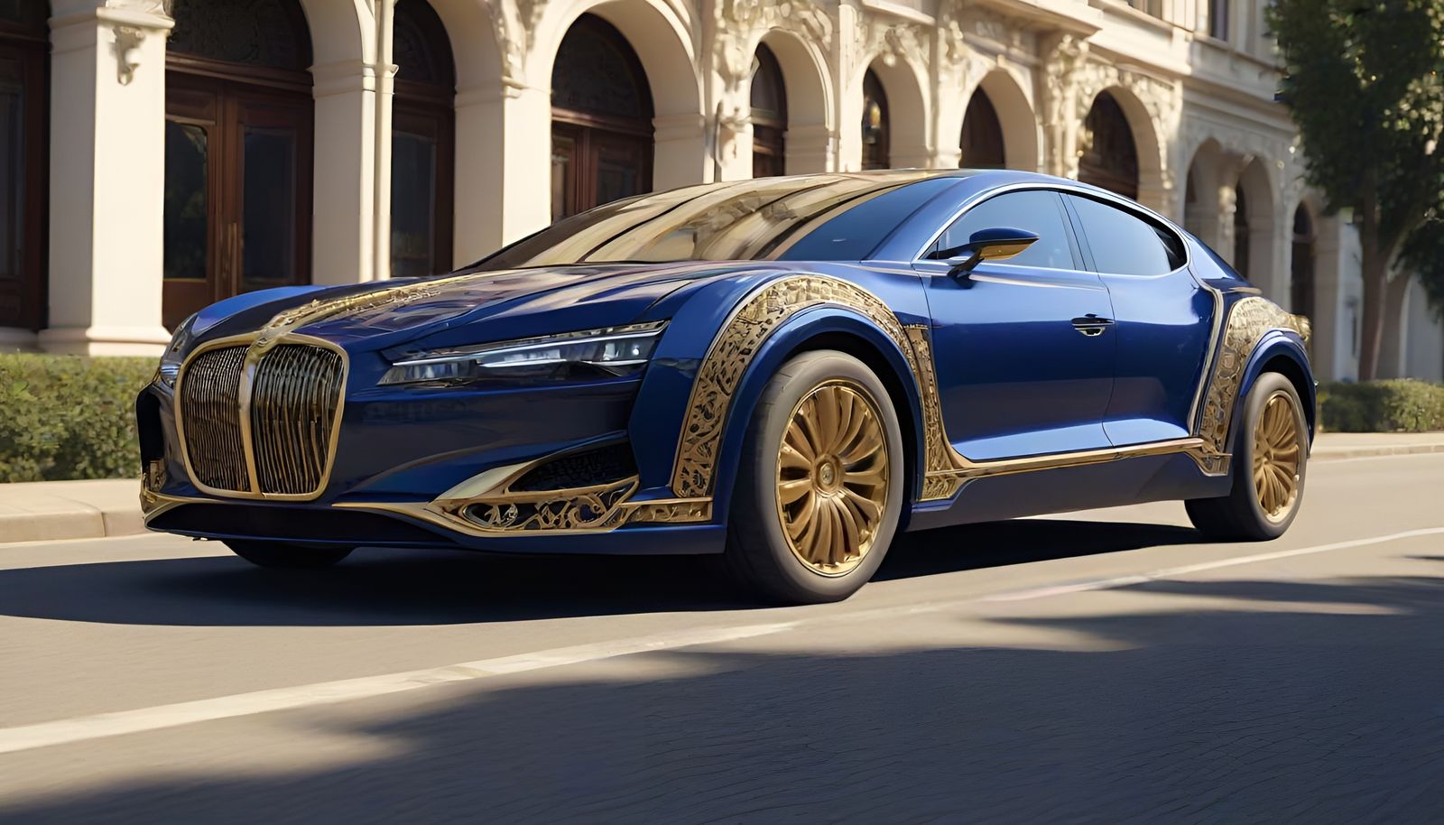 Sleek Dark Blue Futuristic Family Car with Ornate Brass