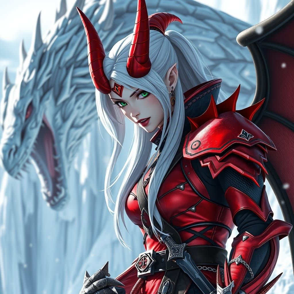 Icy Demon Queen with Dragon, in Anime Style