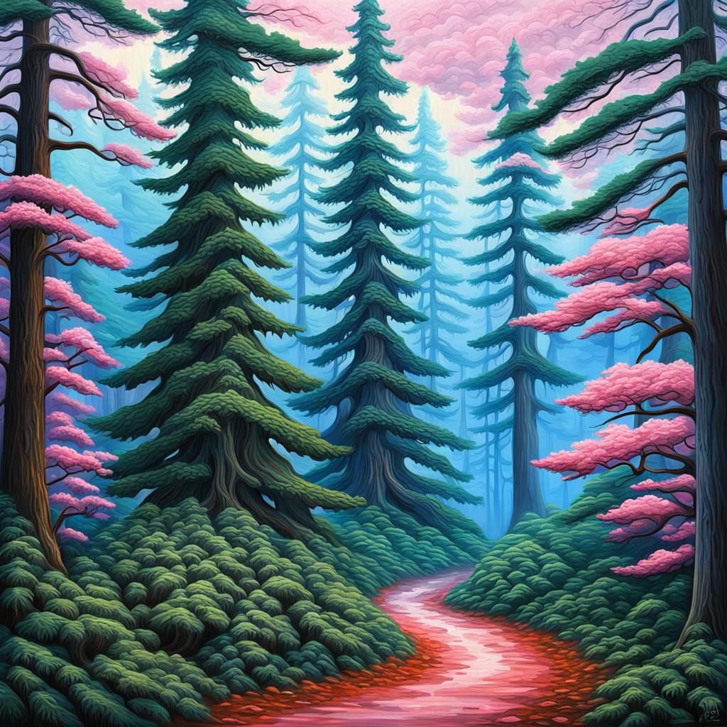 Mysterious Enchanted Forest in Expressionist Oil Painting St...
