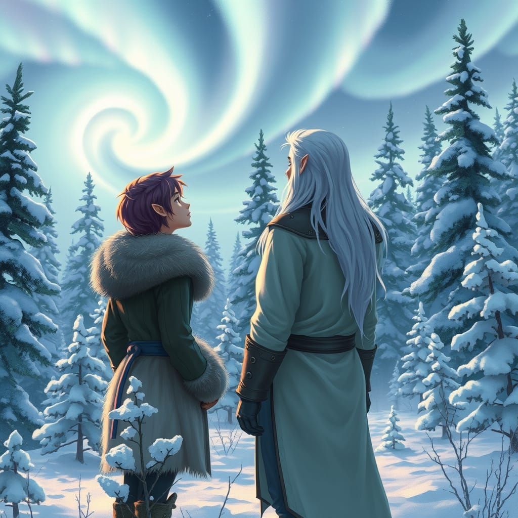 Frost Folk Elves Admire Aurora Borealis