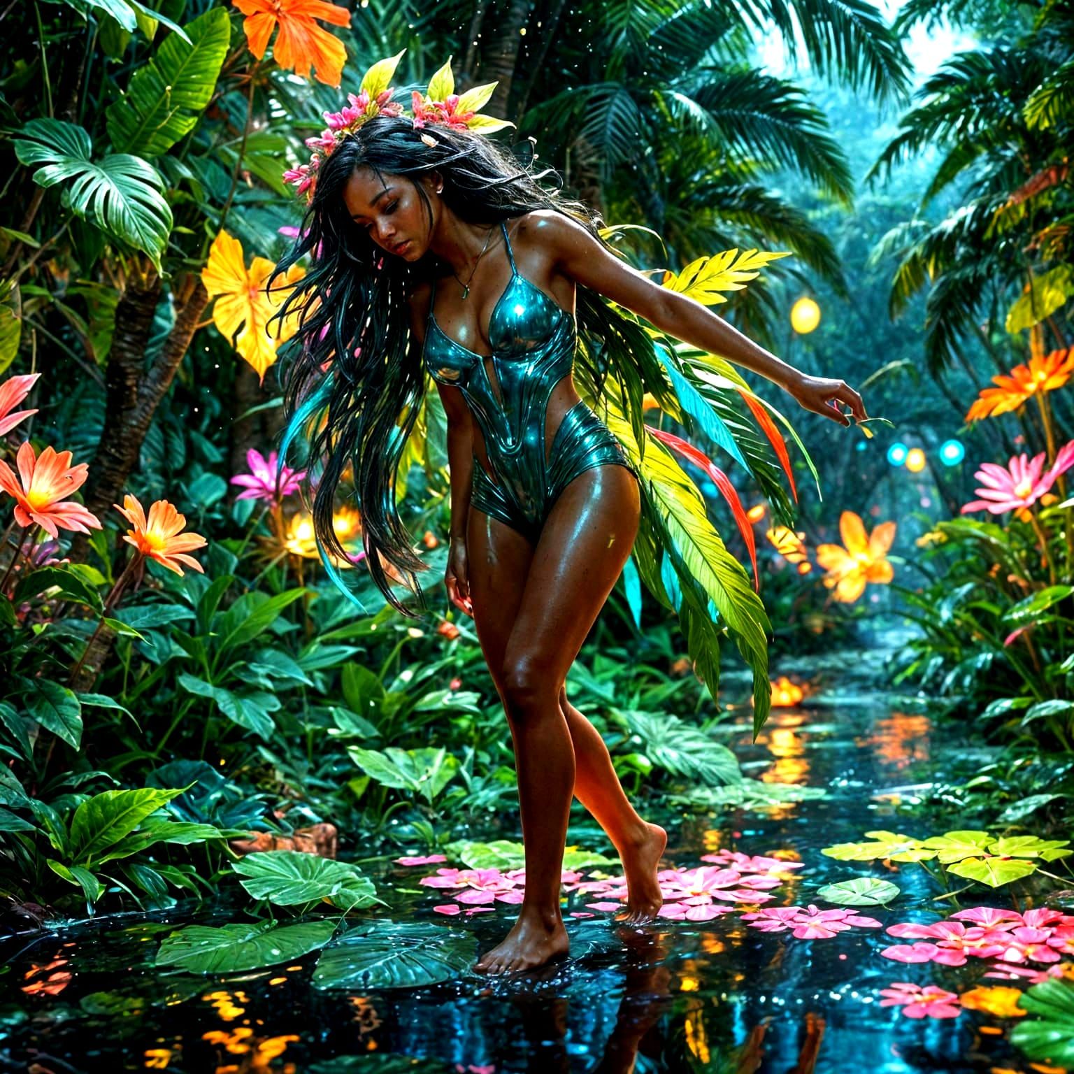 Cybernetic Goddess Amidst Vibrant Neon Oasis