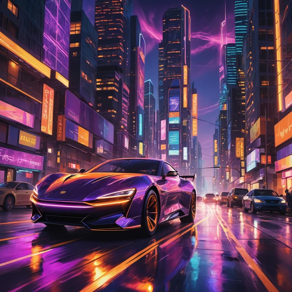 Futuristic Car Speeds Through Neon Cityscape