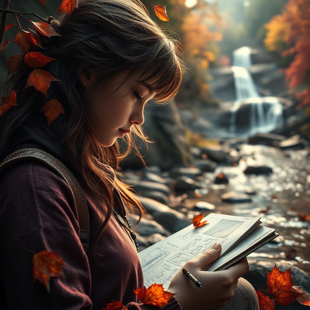 Young Traveler Sketching by Autumn Waterfall