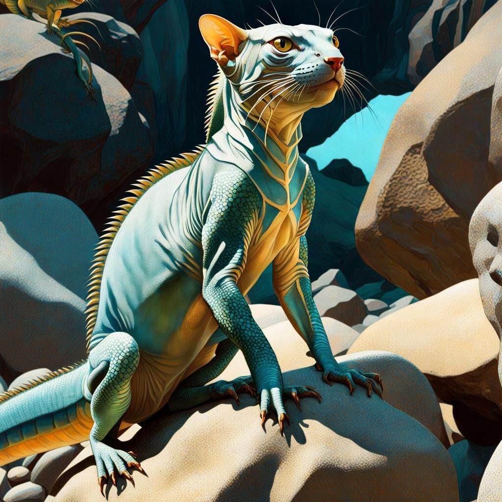 Bioluminescent Cat-Iguanas in Double Exposure Art