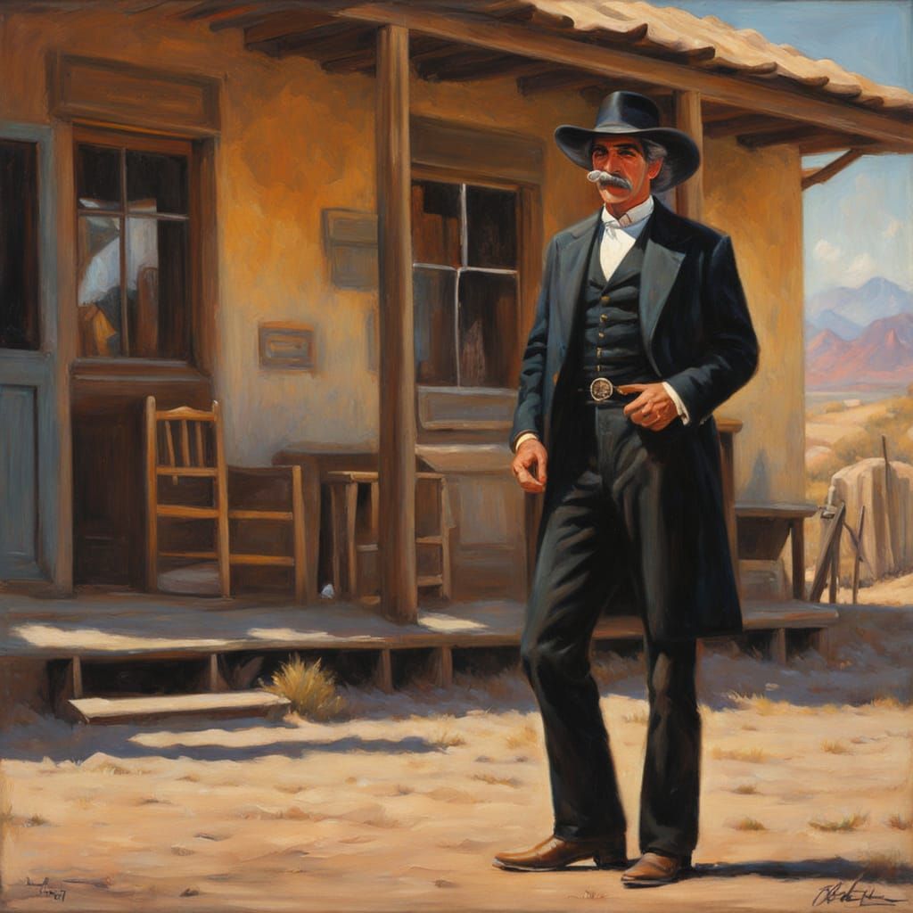 Cowboy Outside Cantina as Impressionistic Oil Painting