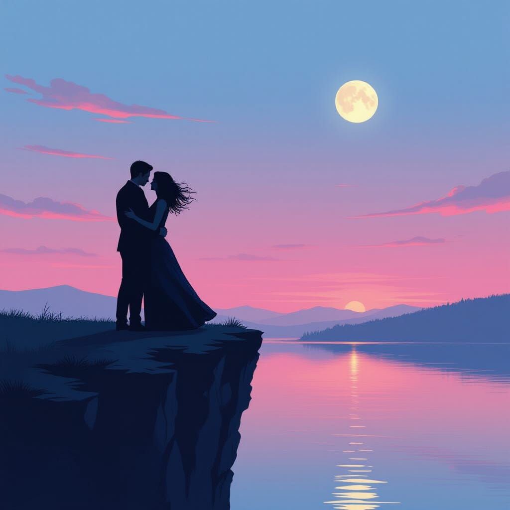Twilight Embrace: Surreal Silhouettes on Cliff Edge