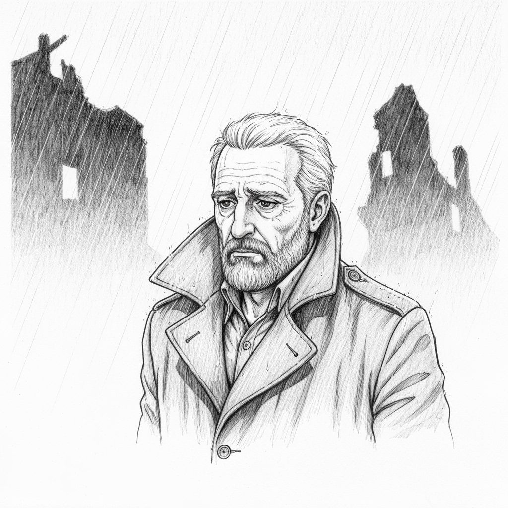 Sad Man Emerges from Fog in Detailed Manga Sketch